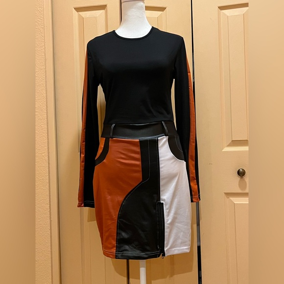 Sexy color block mini dress. Geometric: orange, black, white. Stretchy. M-L - Picture 5 of 15